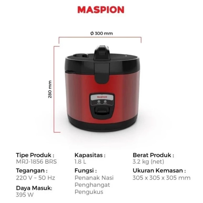 Maspion Rice Cooker 3 in 1 Stainles Steel Merah 1,8 L - MRJ1856BRSN | MRJ1856 BRSN